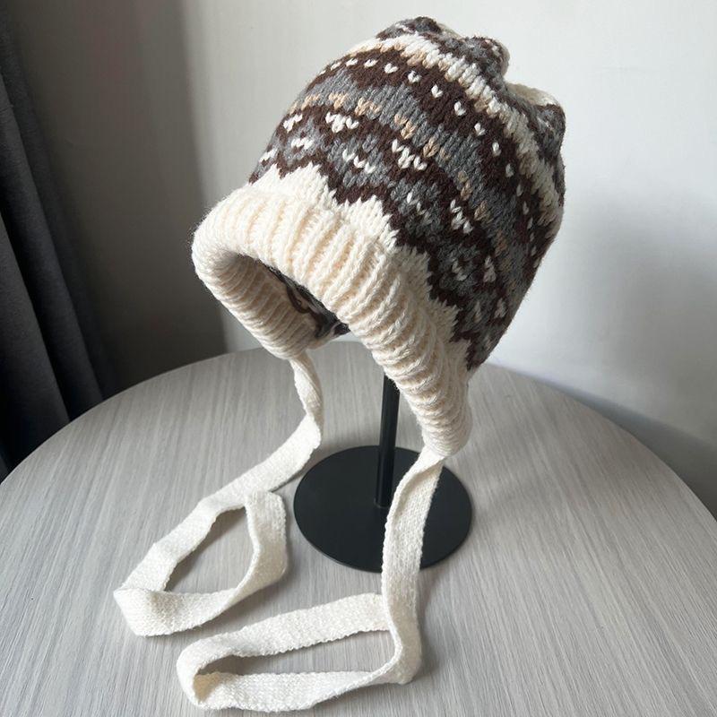 Women's winter knitted thickened warm drawstring stacking hat Fair Island style retro versatile wool hat women