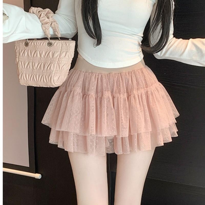 Ballet Style Sweet Fairy Tulle Mini Skirt Women 2026 Summer High Waist Polka Dot Ruffle A Line Cake Skirt for Daily Casual