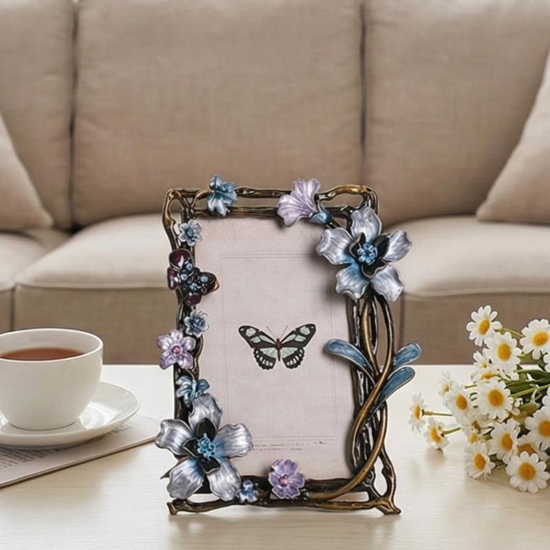 Elegant Emaille Bloemen Vogel Metalen Fotolijst Met Strass Accent Antiek Fotolijstje Voor Tafelblad Planken Decoraties