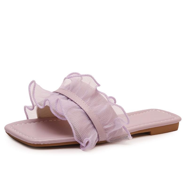 

Fashion tulle edge flat bottom cool slippers female 2025 summer new wear versatile fairy style one-word cool slippers 43 фиолетовый