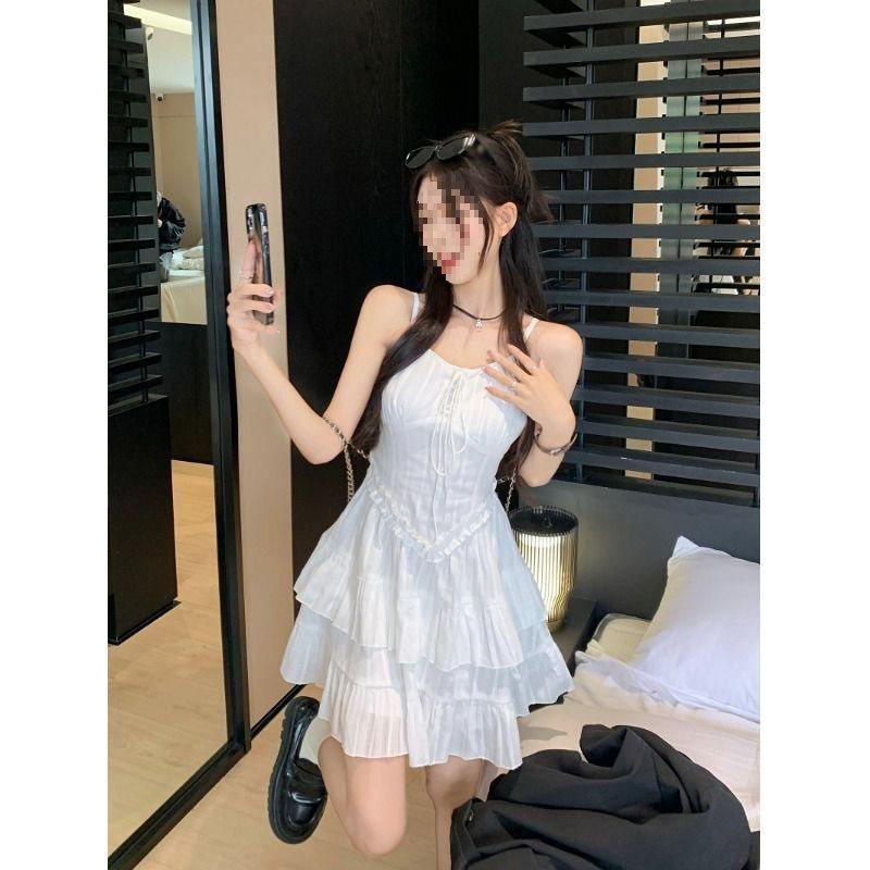 White Strap Dress Summer Knit Fabric Sleeveless Waist Short Skirt For Women