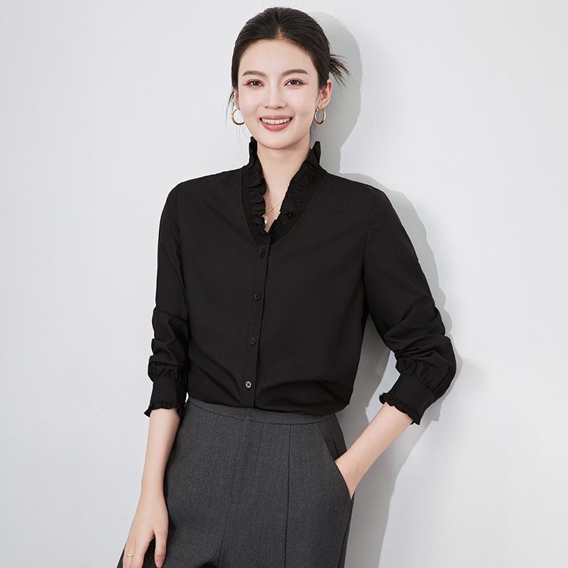 

High-End Exquisite V-Neck Ruffle Edge Lace Sleeve Women s Autumn/Winter Top Extra Large чёрный