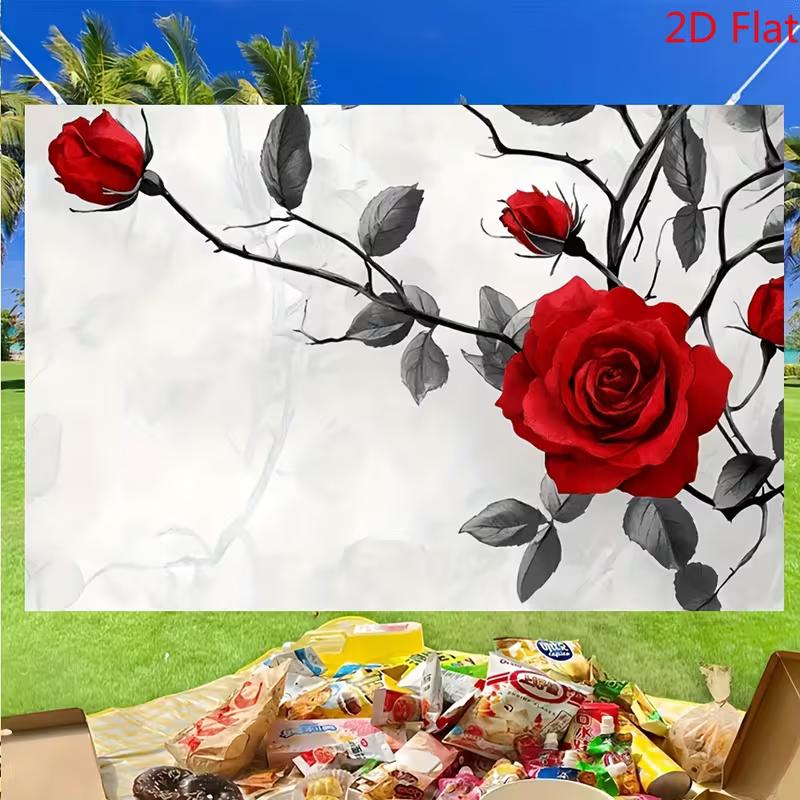2D Artistic Black and White Red Rose Backdrop for Live Streaming & Decoration