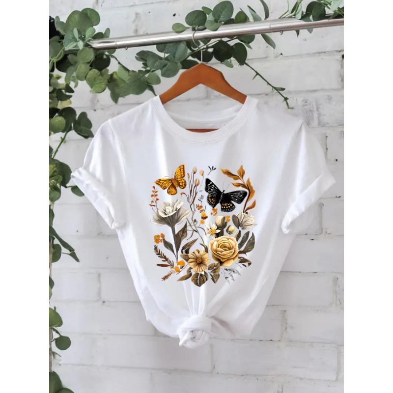 

Женская летняя футболка из чистого хлопка с короткими рукавами и круглым вырезом с цветочным принтом XXXL белый