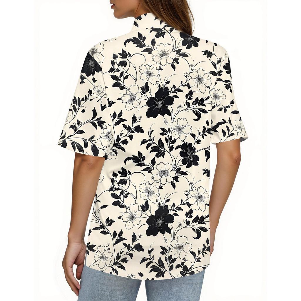 Women's Fashion Casual Button Pocket Shirt Short Sleeve Print Lapel Top