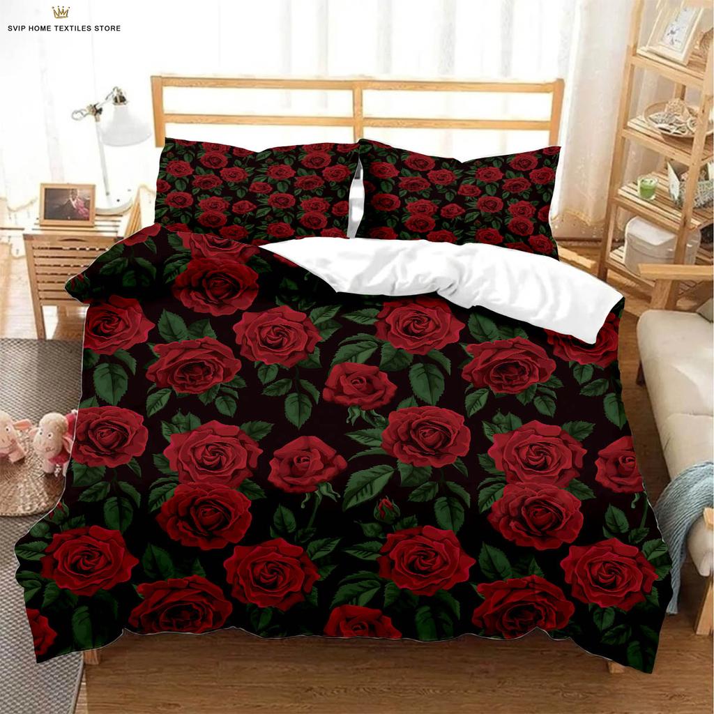Valentine's Day Retro Red Rose 3D Printed Quilt Cover 100% Polyester Duvet Cover Bedding Set Quilt Cover Pillowcase 3 Pieces