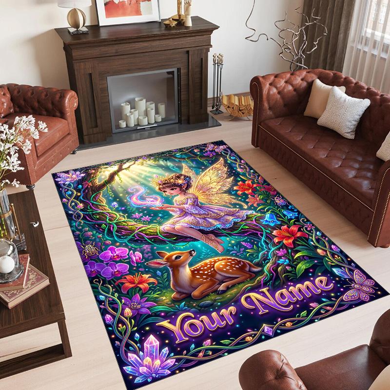 Forest Theme Crystal Velvet Floor Rug Personalized Custom Name Text Warm Carpet Home Decoration