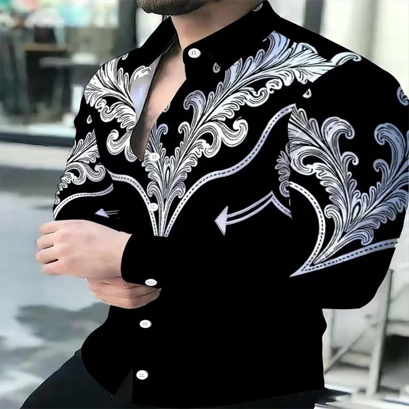 Men's Luxury Long-Sleeve Shirt, Black and White 3D Printed Button Casual Shirt, Fashionable Slim Fit Party Top