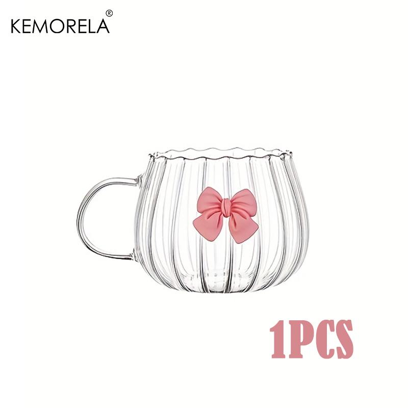 

1/2PCS Glass Pumpkin Cups with Pink Bows Vertical Stripes Reusable Leak-Proof Coffee Mugs With Handles for Valentine s Day Gifts 250ML