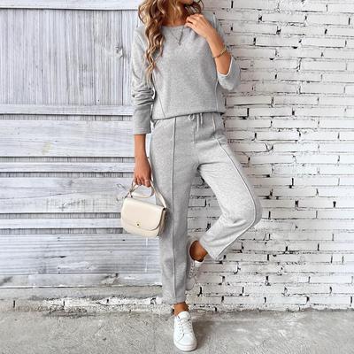 European & American Autumn Round Neck Top Sweatshirt with Pocket & Casual Straight-Leg Pants Set for Women