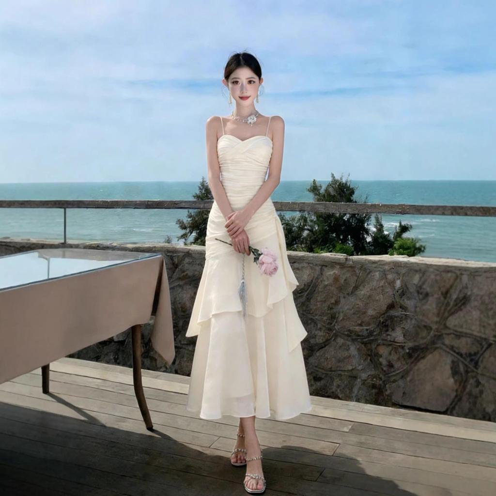 Sanya French Seaside Spaghetti Strap Ruffled Vacation Dress