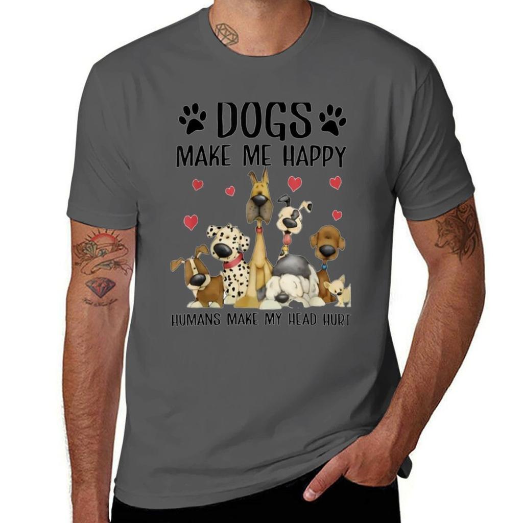 Humor Dogs Make Me Happy Huunisexs Make My Head Hurt Tshirt Big Size Short Sleeve Casual Top