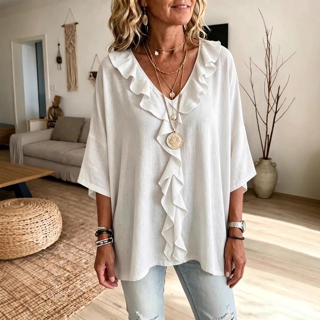 Women's V Neck Three Quarter Sleeve Blouse Loose Fit Ruffle Front Solid Linen Casual Top
