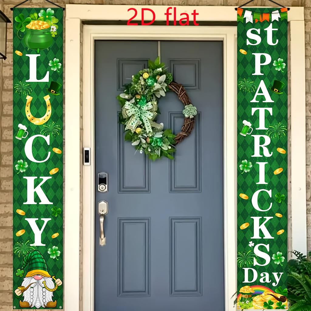 2D Flat, 2D Flat - 2D Flat, 2D Flat - 2D Flat Party Banner, 1 Pair St. Patrick'S Day Porch Banner Set - Featuring a Lucky Theme with a Gnome And Pot o