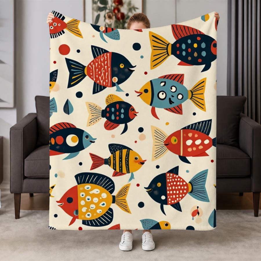 Whimsical Geometric Fish Flannel Throw Blanket - Soft, Warm Beige Cover with Colorful Mid-Century Modern Pattern, Ideal for Couch, Bed & Travel, Perfe