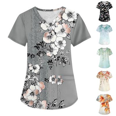 Women's Fashion V-neck Short Sleeve Workwear With Pockets Printed Tops