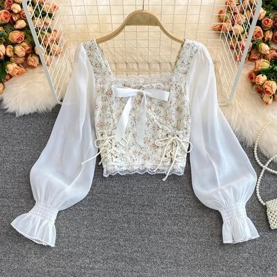 Fashion Floral Print Mesh Patchwork Blouses Shirts Autumn Women Vintage Bandage Slim Waist Gothic Lace Tops