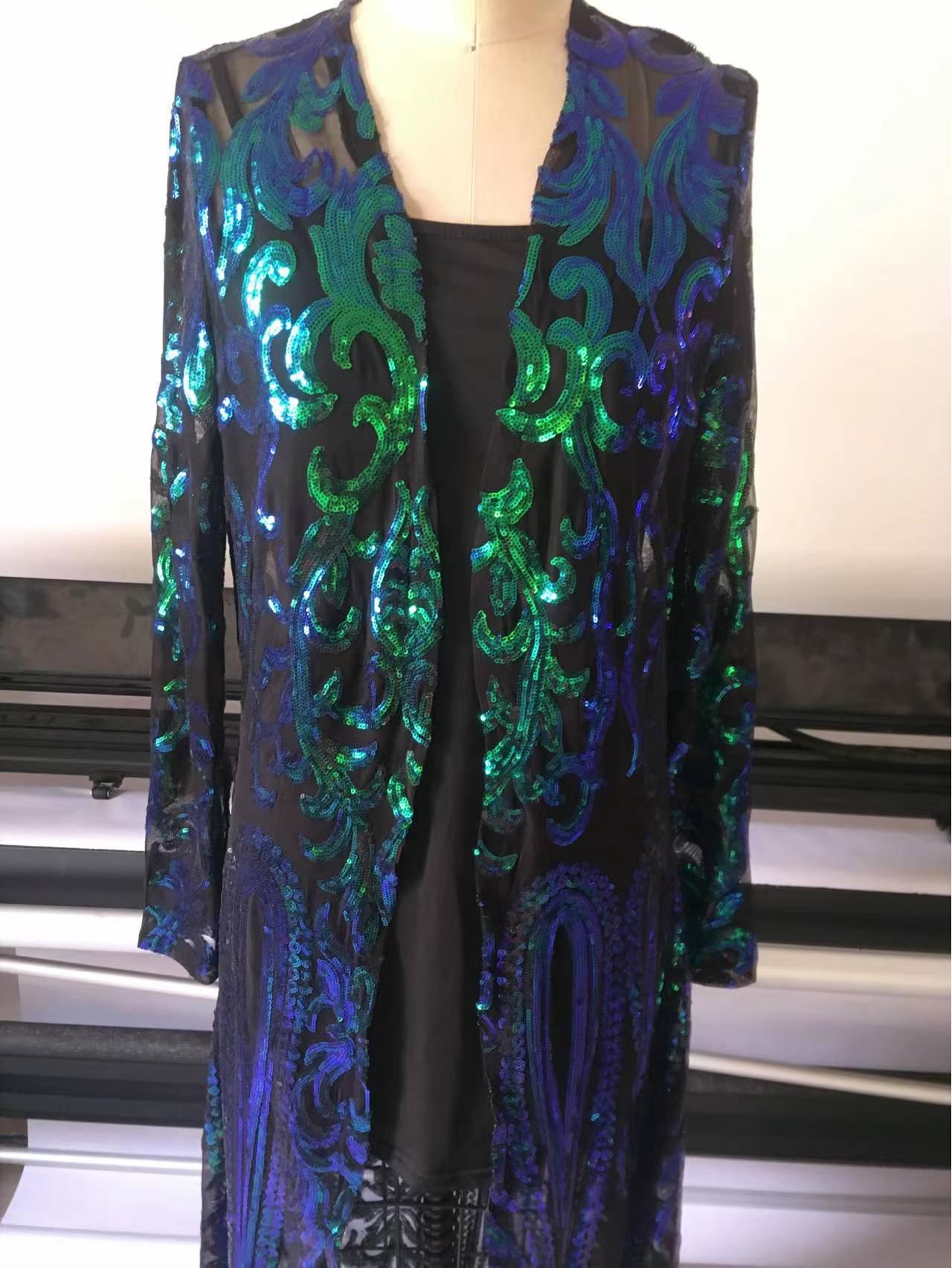 

Зарубежный женский кардиган из сетки с пайетками: Длинное бисерное вечернее платье, прозрачное, с длинными рукавами. XL