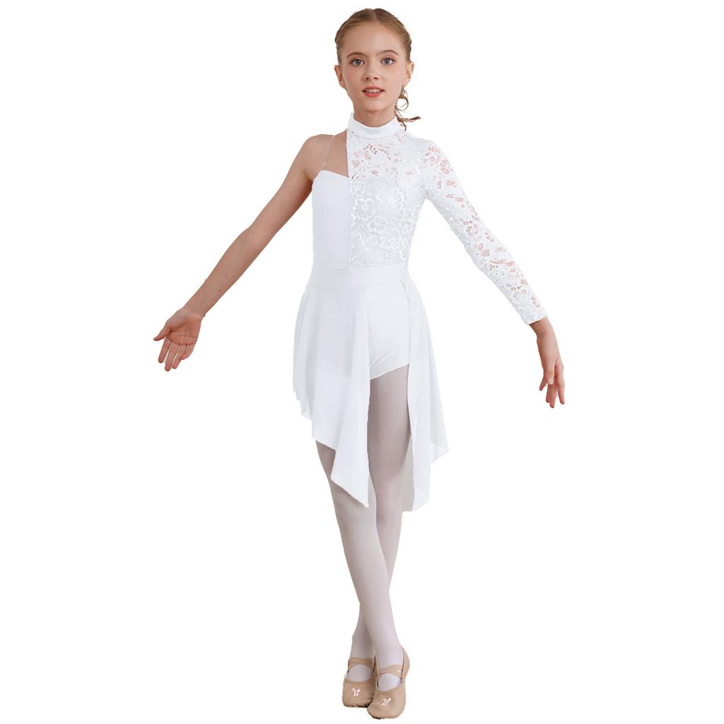 Child Girls Lyrical Dance Dress Ballroom Dancing Costumes Gymnastics Leotard with Asymmetrical Skirt for Figure Skating Dance Wear