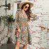 Autumn Winter Women Long Sleeve Print Elegant V-neck Casual A-Line Knee-Length High Waist Dress