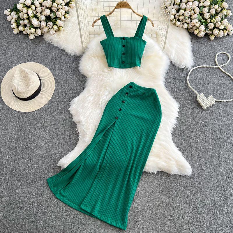 

With Chest Pad High Waist Slimming Slit Sheath Fashion Suit Green All yards