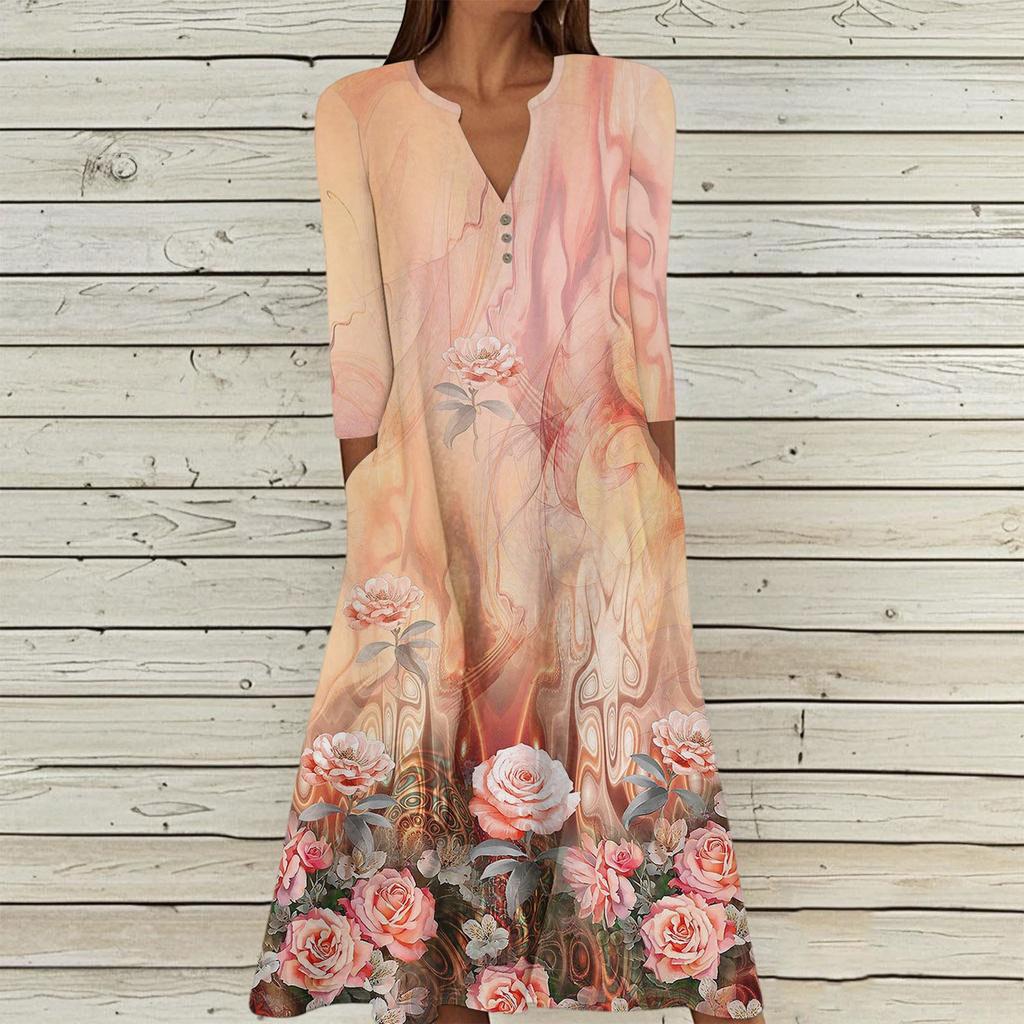 Women's Summer Casual V-Neck Button Vintage Floral Print Three-quarter Sleeve Long Dress With Pockets