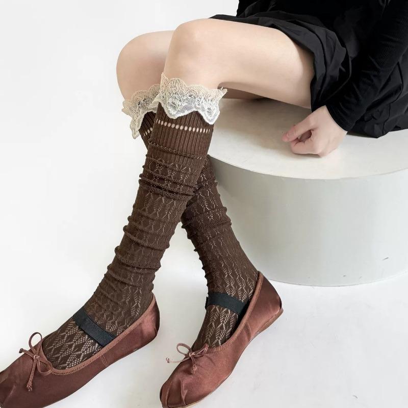 Spitzenbesatz Lochmuster Retro Überknie-Socken Damen Sommer Dünn Stapelbar Wadenstrümpfe Atmungsaktiv Bequem Weich Strumpfhosen Strumpfwaren