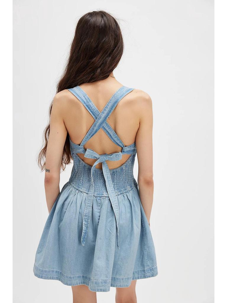 Europäisches & Amerikanisches Damen-Mini-Denimkleid 2025 Sommer, Rückenfrei, Schlank, Hoher Bund, Einfarbig.