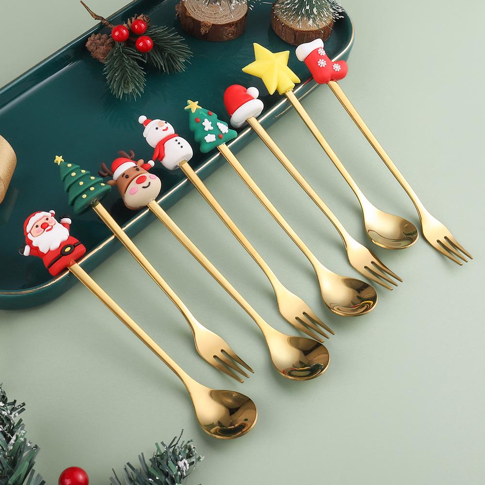 Cartoon Rabbit Christmas Dessert Spoon and Fork Set - Cute Party Favor Stirring Spoon