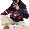 Autumn and winter new retro striped knitted jumper women's half zipper contrasting color loose casual college style sweater