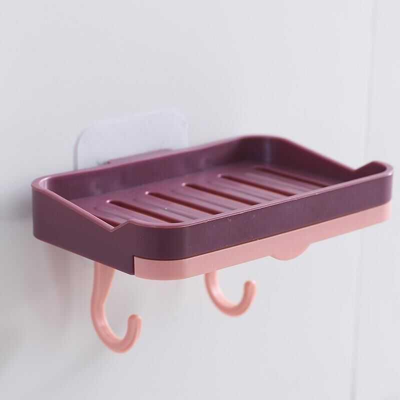 Punch-Free Wall-Mounted Soap Dish Rack with Hooks and Draining Shelf