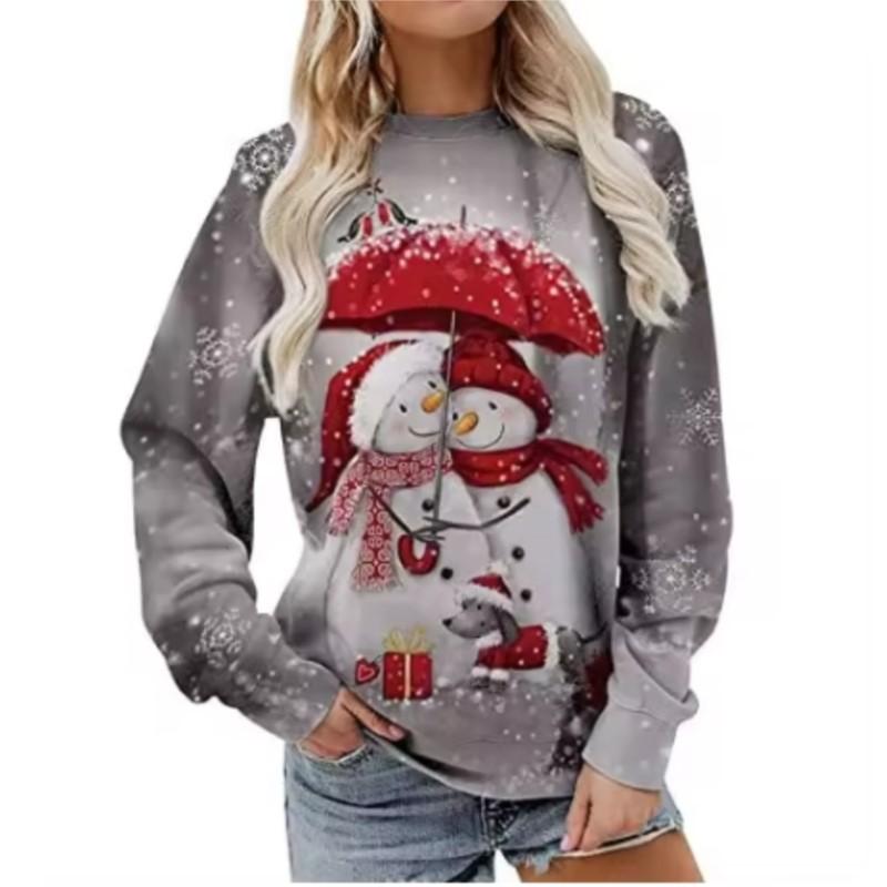 

2024 Европейский и Американский женский свитшот с круглым вырезом, спортивная повседневная рубашка, рождественский тематический принт, женский свитшот 8XL