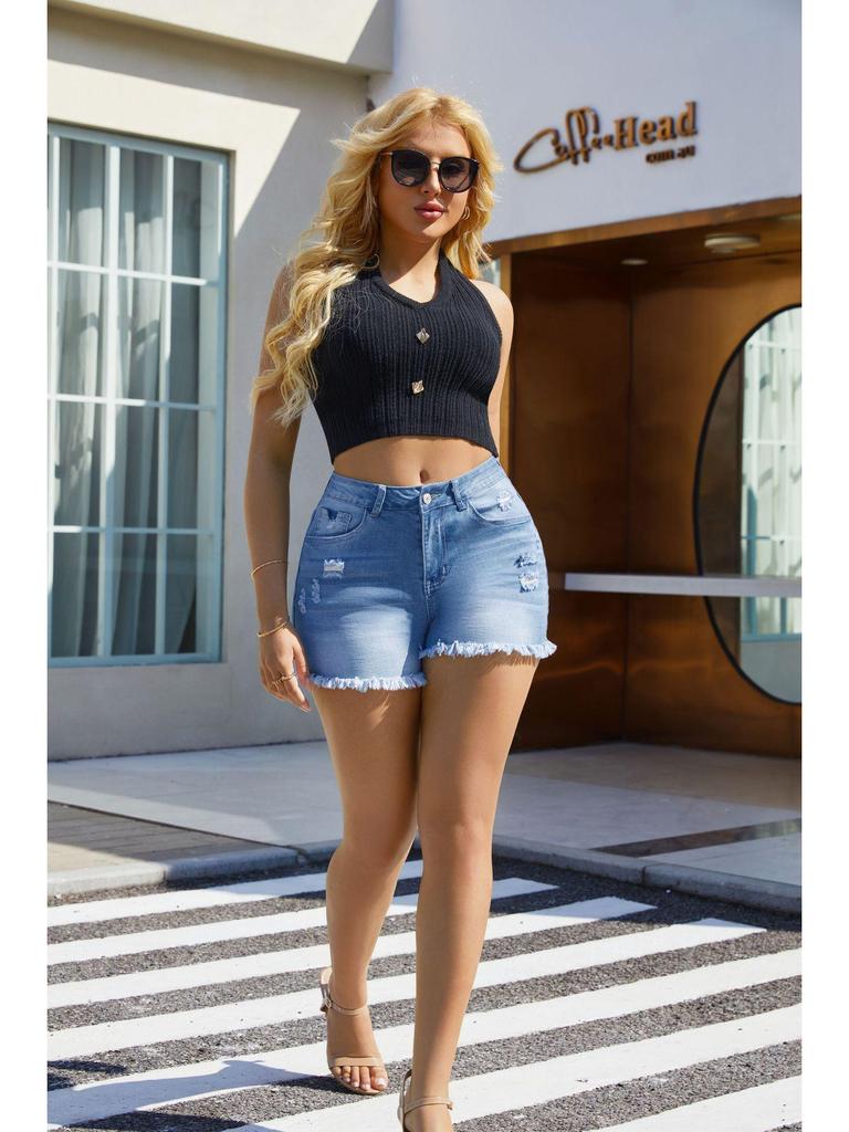 2025 Women's Low Waist Ripped Denim Shorts with Frayed Hem - European American Style Sexy Jeans Hot Pants