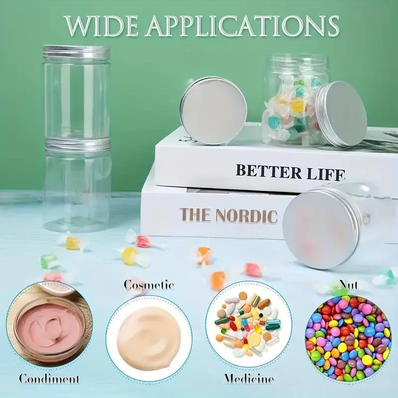 10-Piece  Reusable Plastic Storage Jars with Silver Lids - Leak-Proof Multi-Purpose Kitchen Containers, Suitable for Food