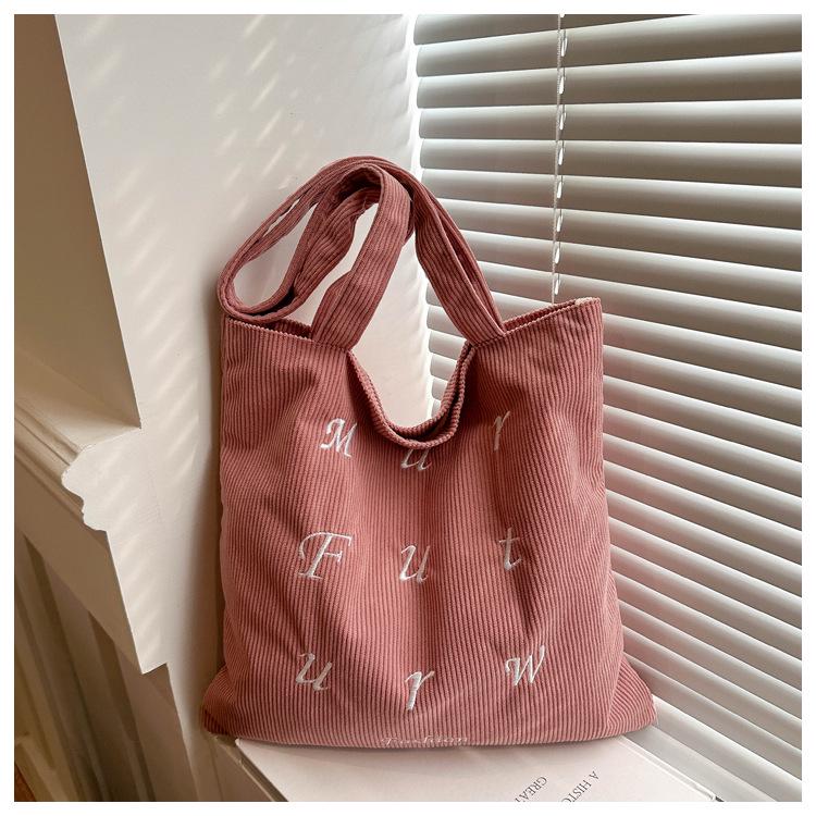 Korean Corduroy Embroidered Tote Bag for Students - Artistic Autumn/Winter Design