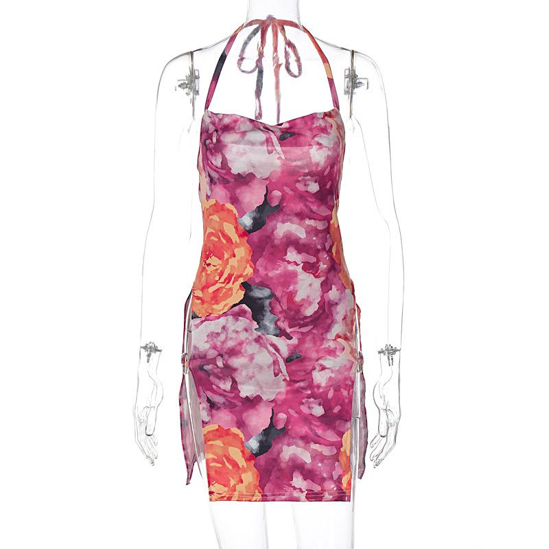 

Летнее сексуальное платье с цветочным принтом, новое платье с бретелькой на шее, модное платье со шнуровкой и открытой спиной по бокам, спагетти трапециевидной формы, вечернее клубное мини-короткое платье 329 M