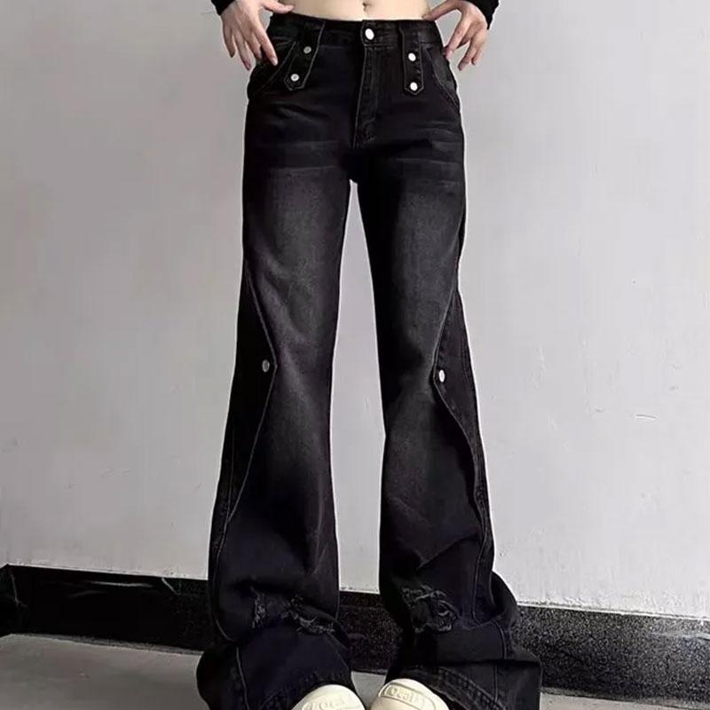 Jeans bootcut larges rétro High Street Automne Hiver Noir Délavé Vêtements Féminins Pantalons en Denim Chic Pantalons Boutonnés Raboutés