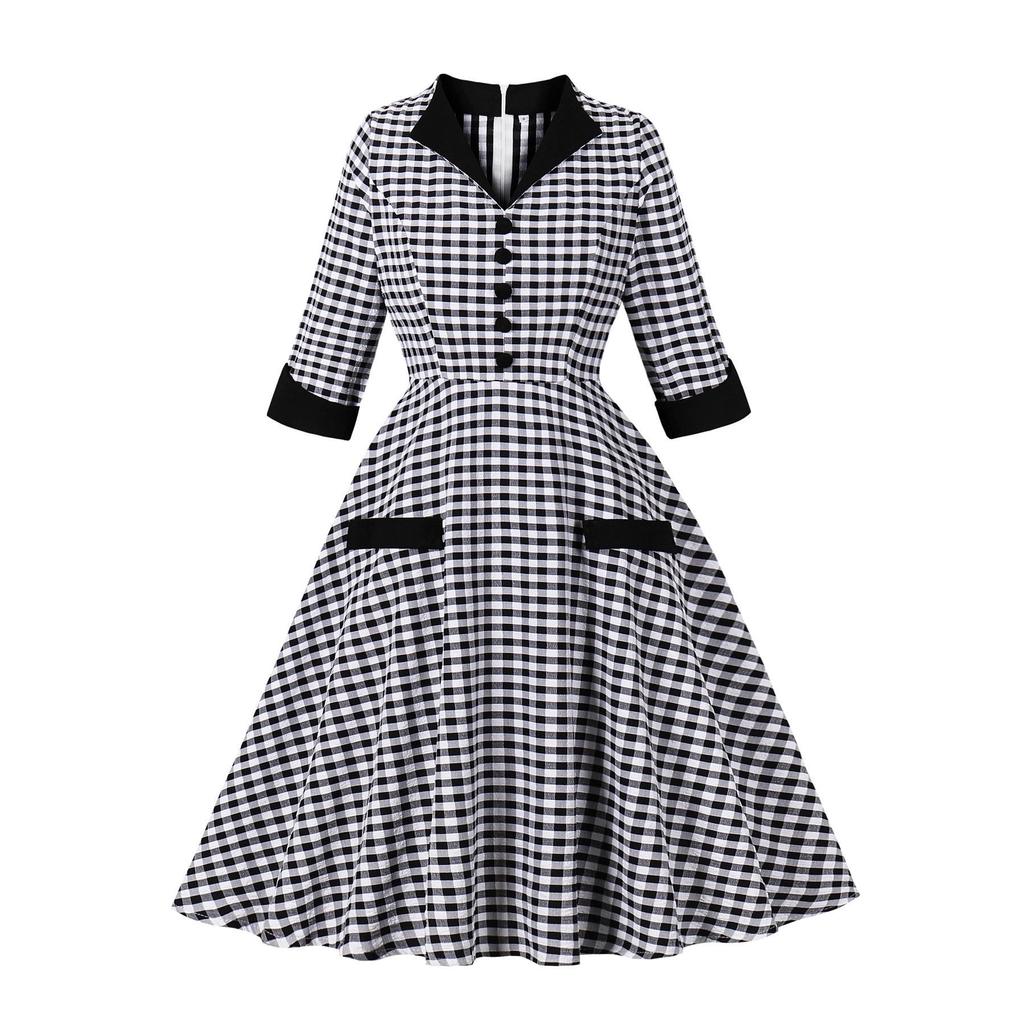Spring 2026 European and American Women's Seven-Sleeve Black & White Plaid Lapel Dress