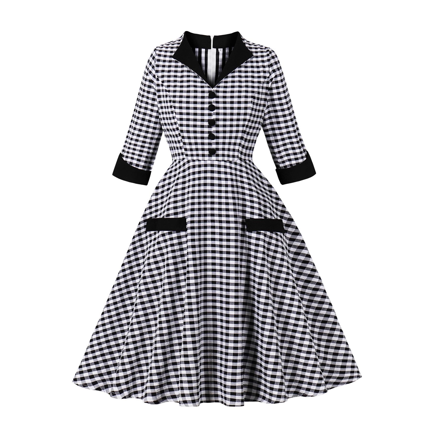 

Spring 2026 European and American Women s Seven-Sleeve Black & White Plaid Lapel Dress Medium