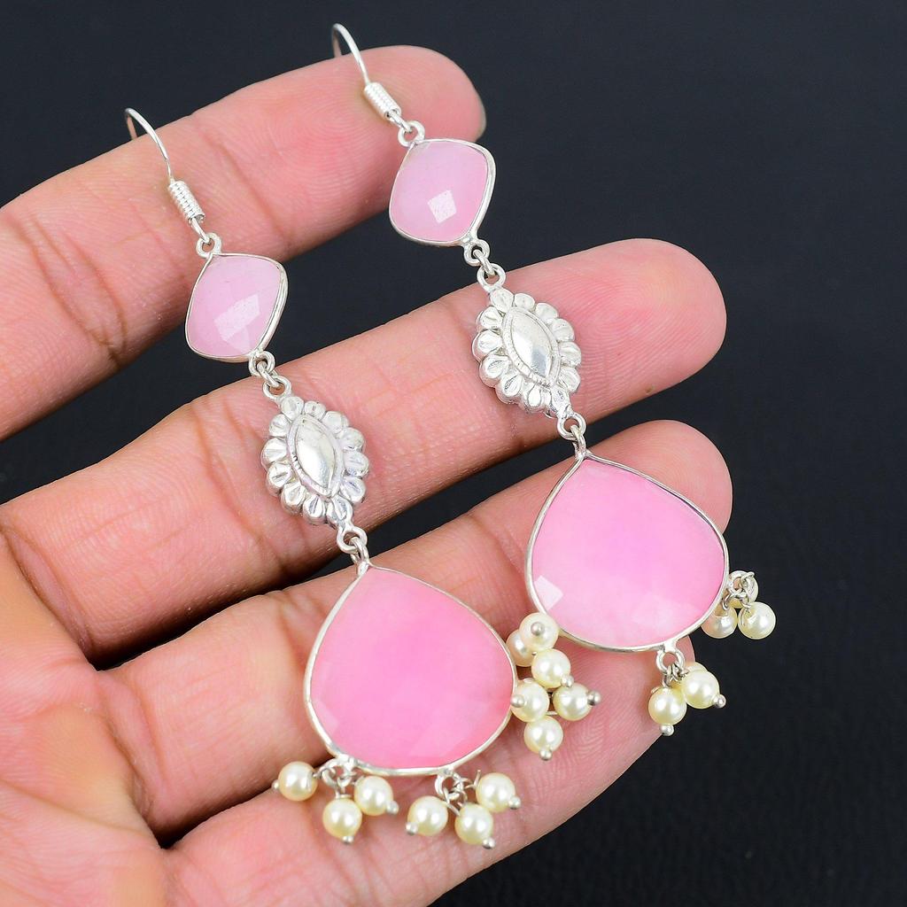 Pear Pink Chalcedony Gemstone 925 Silver New Engagement Sister Drop Earrings