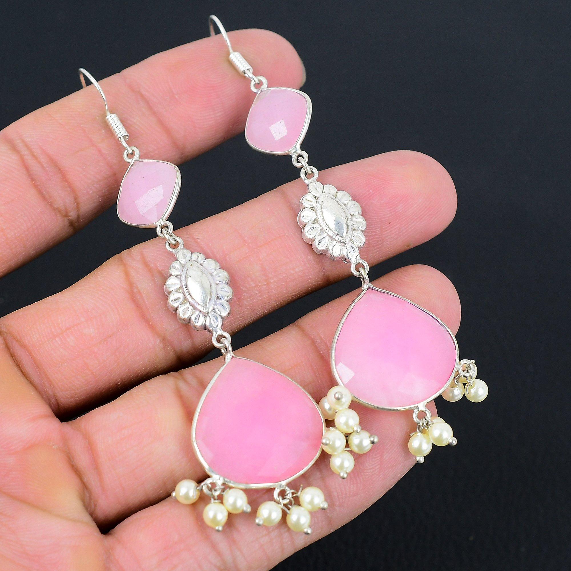 

Pear Pink Chalcedony Gemstone 925 Silver New Engagement Sister Drop Earrings