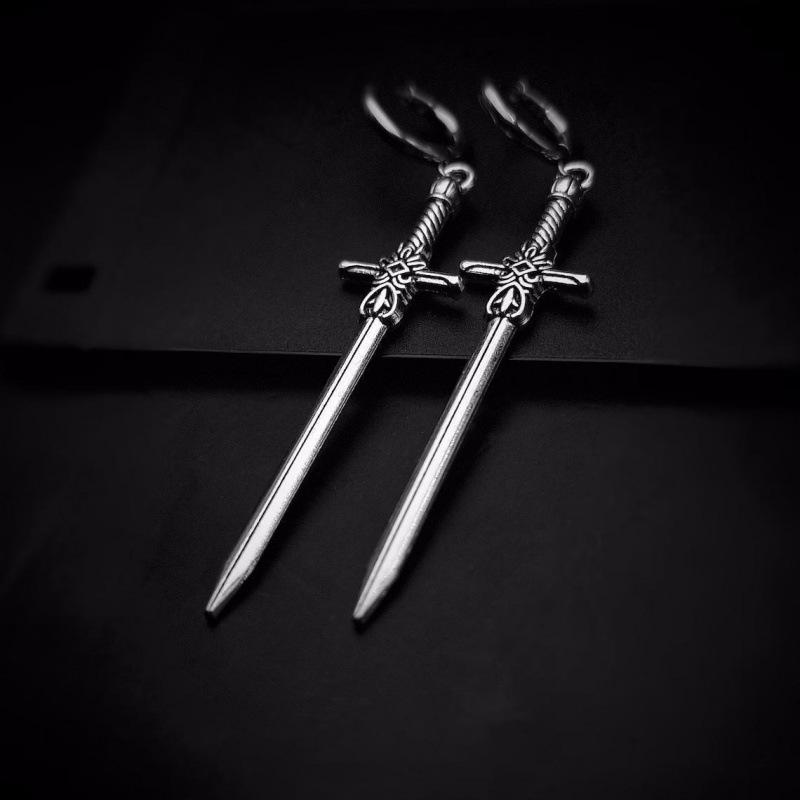 Gothic Punk Silver Sword Pendant Earrings