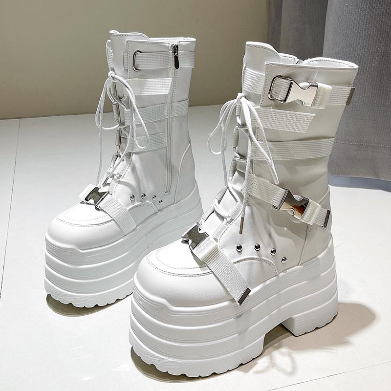 Fashion 13.5CM,17CM Women Punk Boots Autumn Platform Outdoor Leather Sneakers Chunky Motorcycle Boots Nightclub Party Cosplay Shoes