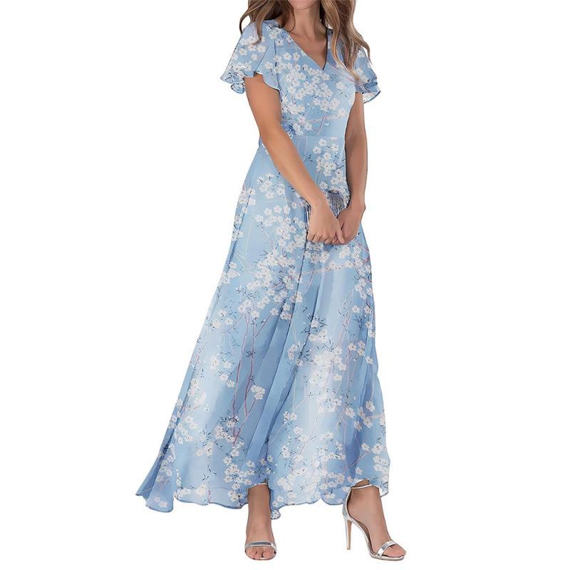 Summer Maxi Dress V-Neck Short Sleeve Print Chiffon Elegant European Style