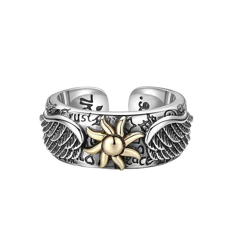 Unisex Retro Thai Silver Sunflower Graffiti Wing Ring - Adjustable & Stylish Adjustable