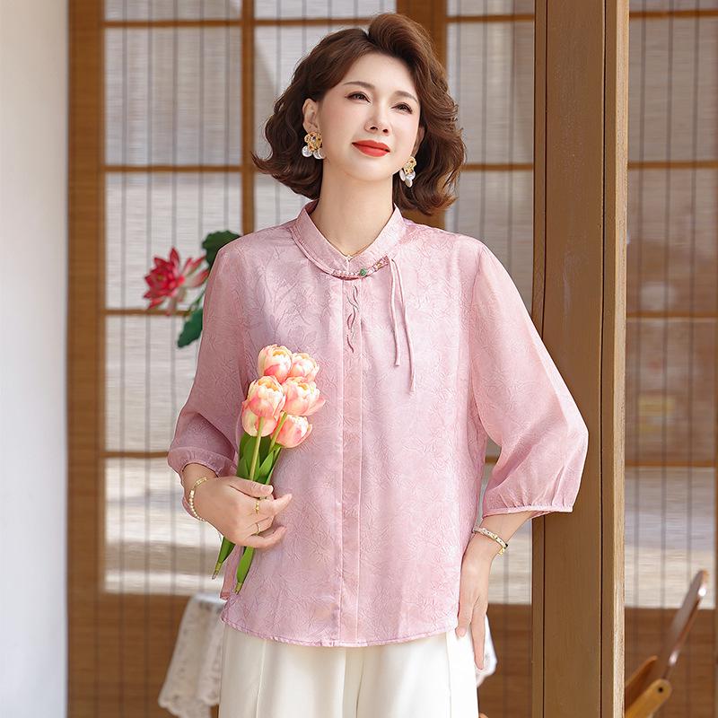Chinese Style Summer Top for Mothers: Lightweight, Seven-Point Sleeves, New Fashion for Middle-Aged and Elderly Women