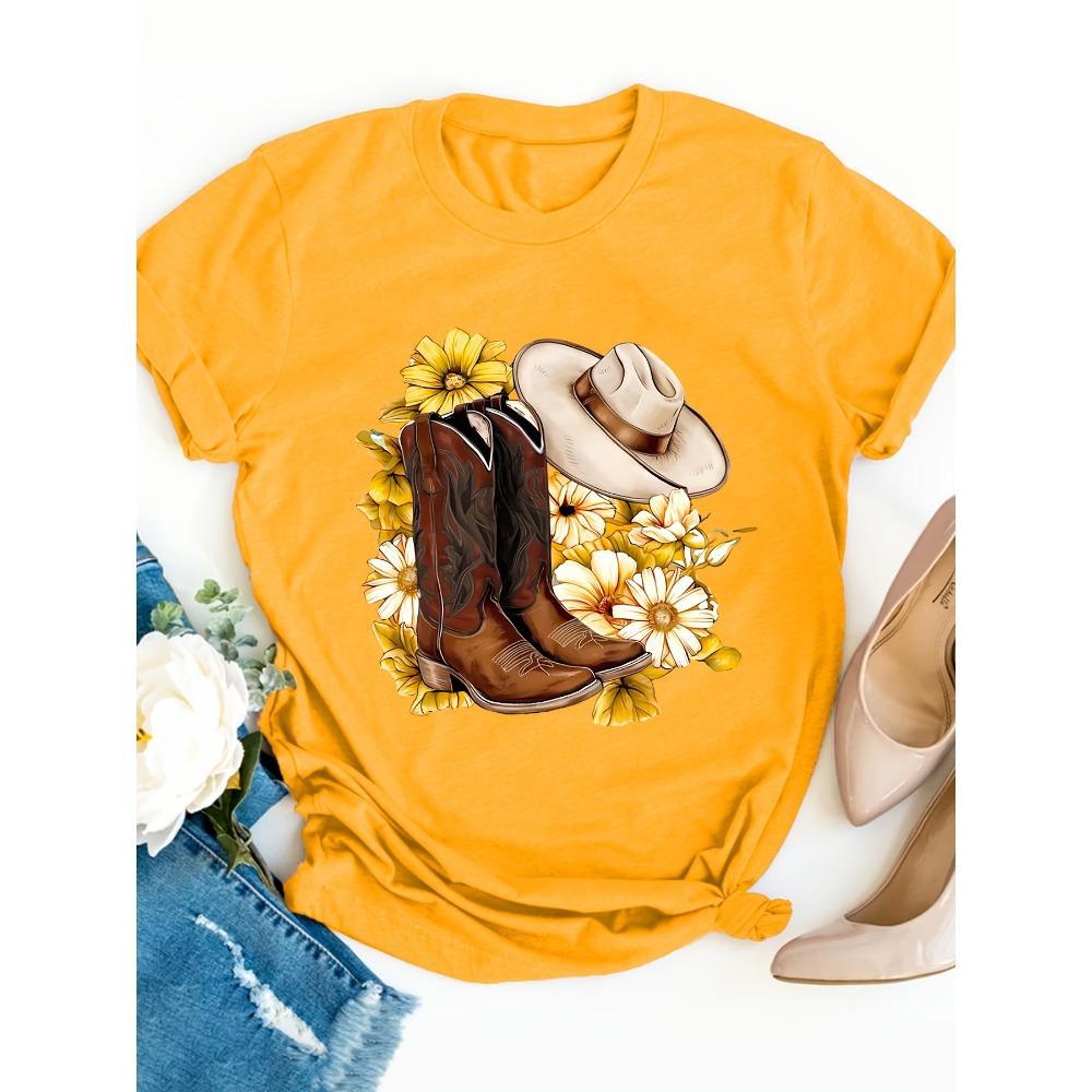 Blumen Cowboy Stiefel Damen T-Shirt - Western Style Grafik, Country-inspiriertes Print für Lässige Tägliche Kleidung