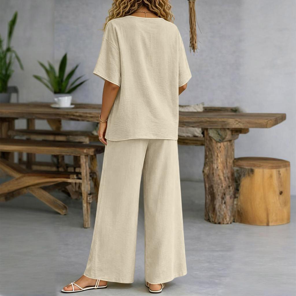 Dámský dvoudílný ležérní domácí set Krátký rukáv Volný top Široké kalhoty Lehká měkká látka Pohodlný střih Letní outfit