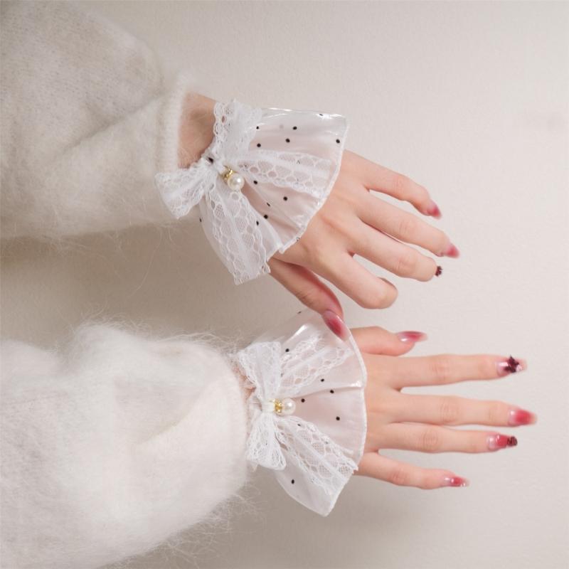 Elegant Lace Sleeves Wrist Cuffs with Artificial Pearls And Bowknot Decors For Daily Outfit Various Event Dressingup