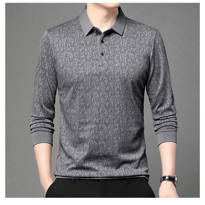 Mens Long Sleeve Jacquard Polo Shirt Business Casual Spring Autumn Top